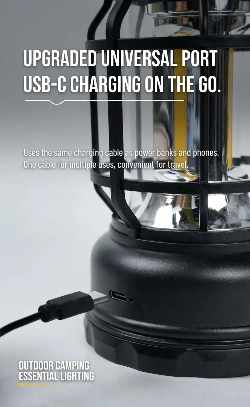 Solar LED Camping Lantern Vintage Rechargeable Outdoor Tent Lamp Stepless Dimming