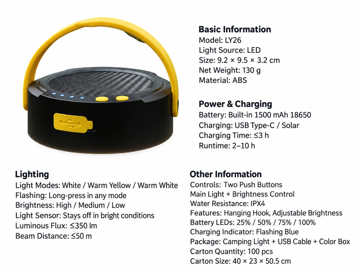 Solar Camping Lantern Type-C Rechargeable Waterproof IP67 Collapsible Tent Light