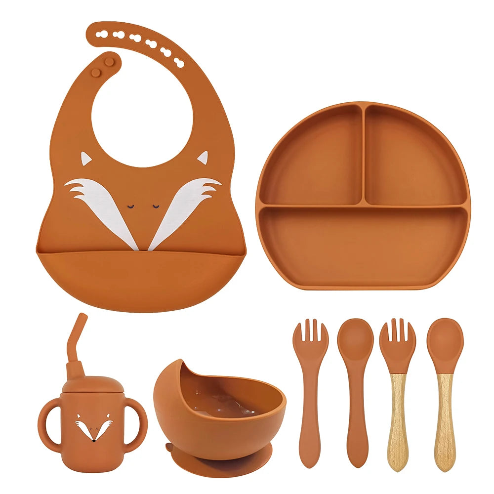 8pc Bebe Silicone Feeding Set Toddler Weaning Set Suction Bottom Infant Dining Tableware