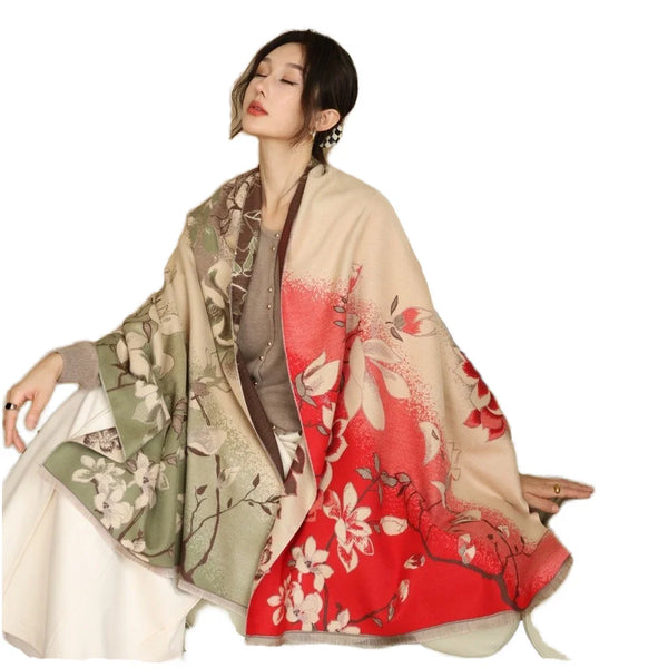 High-End Women'S Double-Sided Retro Ethnic Style Jacquard Shawl Chinese Gradient Flower
