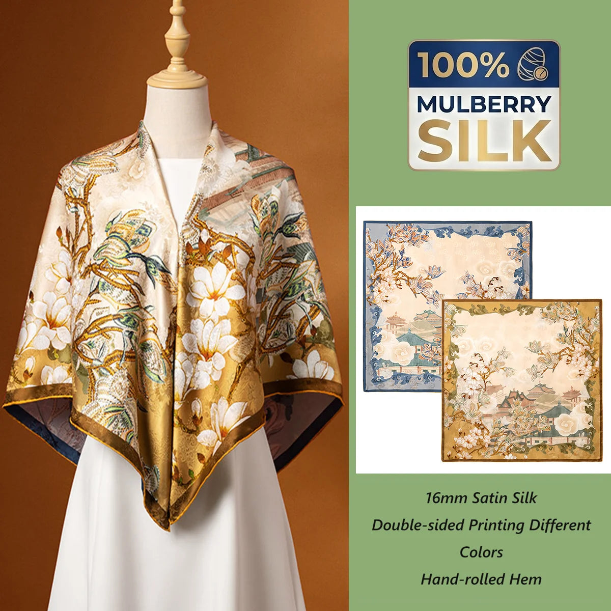 Customizable Silk Satin Shawl 100% Mulberry Silk Digital Printed Women Custom Hand Rolled