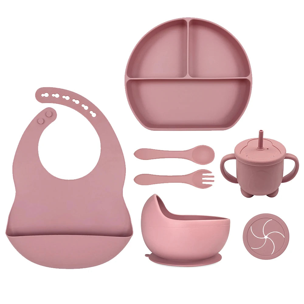 8pc Bebe Silicone Feeding Set Toddler Weaning Set Suction Bottom Infant Dining Tableware