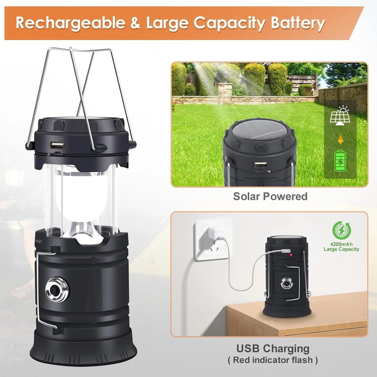 Multifunctional Solar Camping Lantern Usb Rechargeable Portable Outdoor Emergency Led