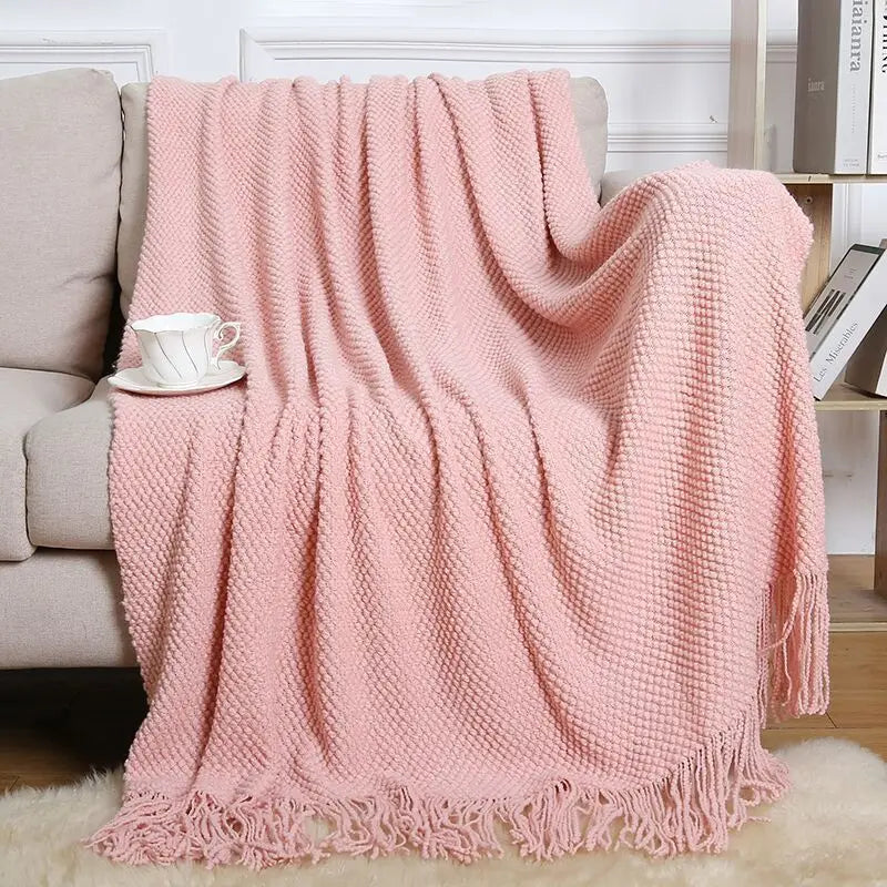 Chunky Knitted Blanket Sofa Throw Blanket With Tassels Weighted Blanket for Winter