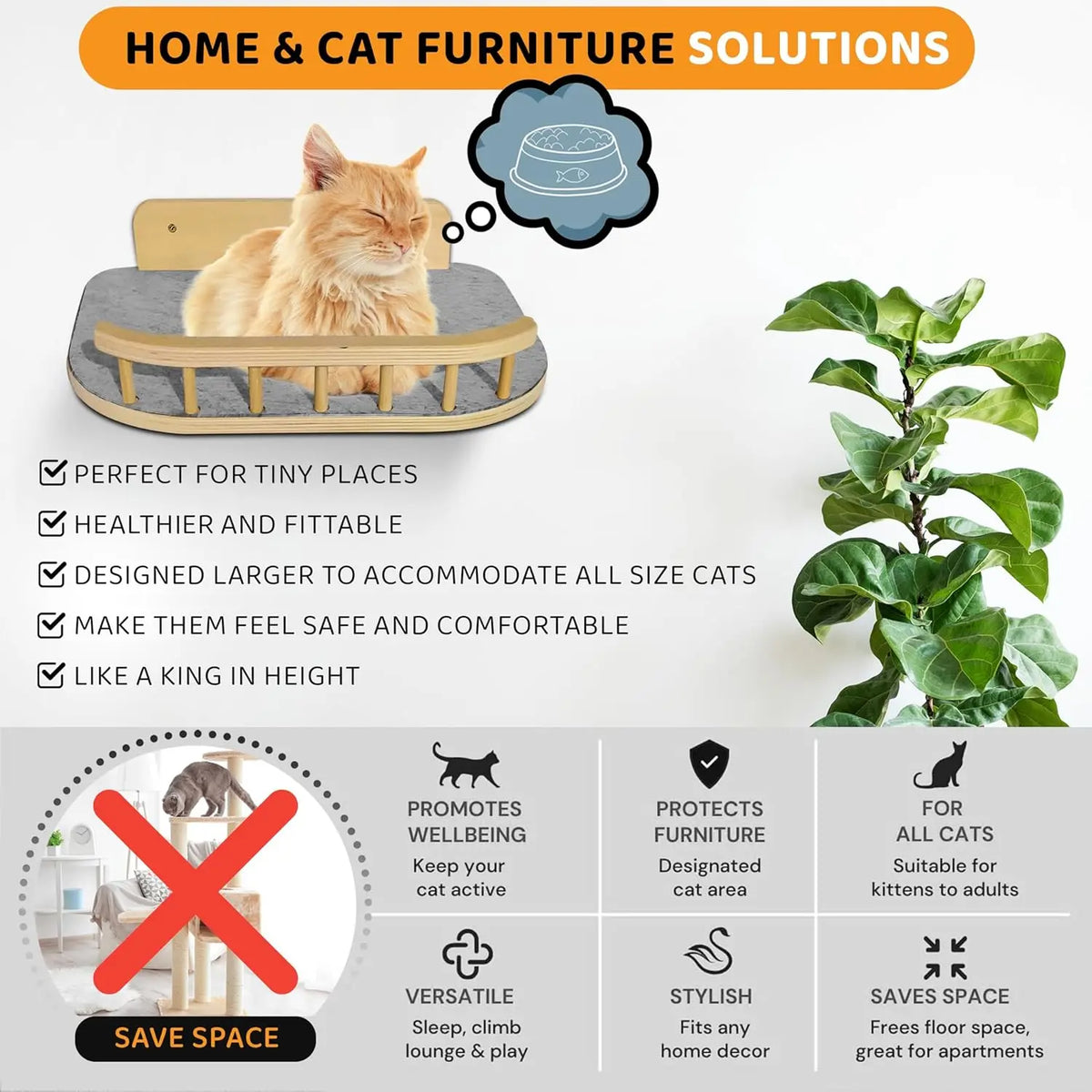 Large Wood Crafts Wall Sign for Cats Wooden Cat Tree with 3 Steps Bed Scratcher Window