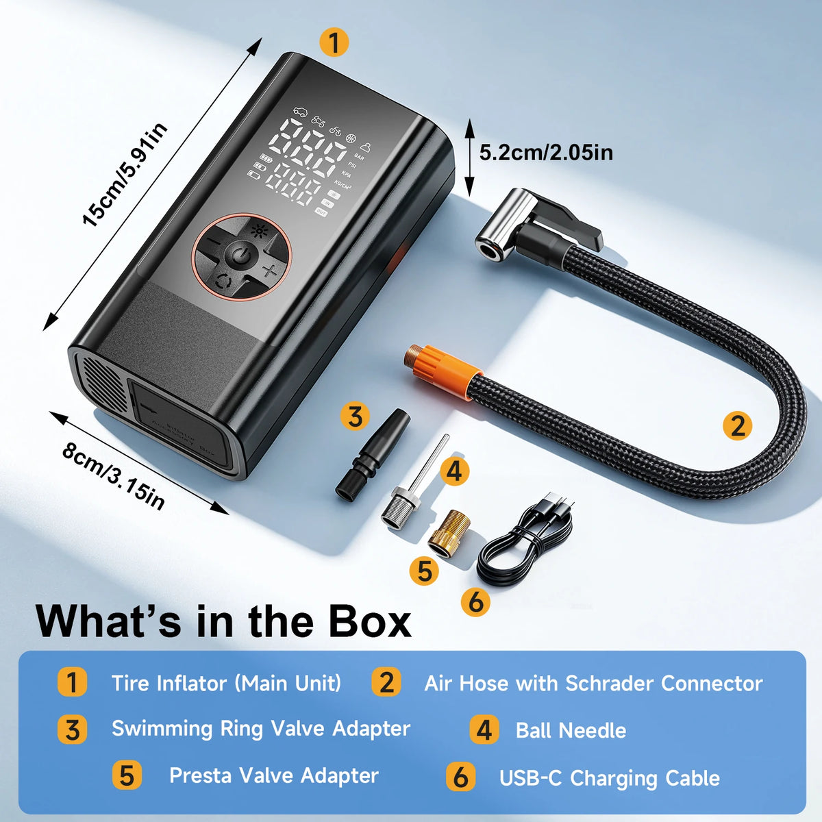3000mAh Wireless Air Pump Tire Inflator 19mm Cylinder 150 PSI Digital Display Auto Stop