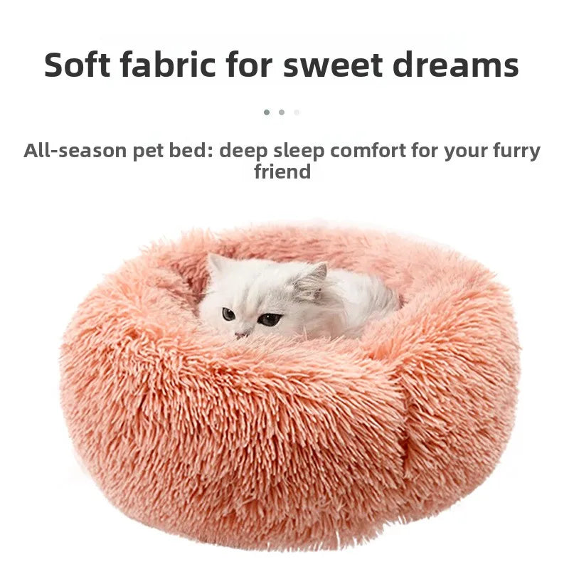Round Plush Donut Pet Bed for Dogs & Cats | Calming Anti-Anxiety Warm Cushion with Sleep