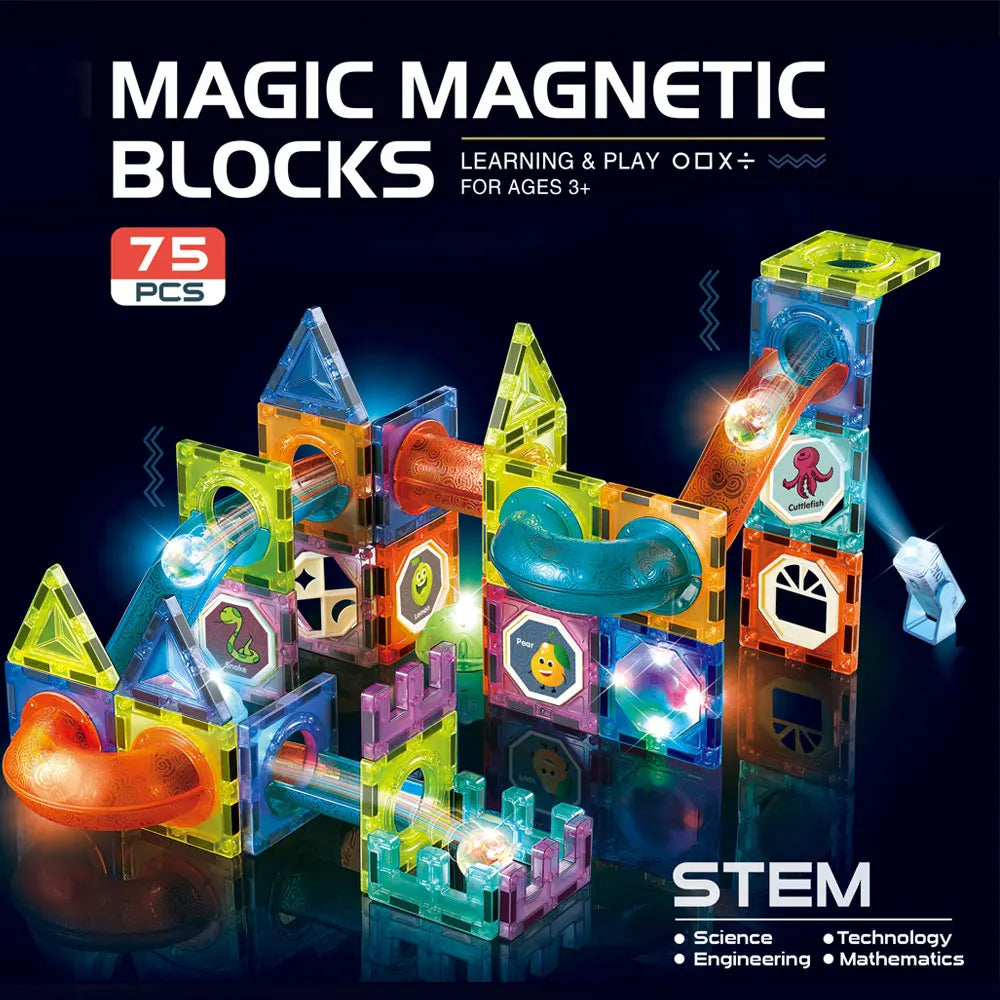 DIY Magnetic Tiles 3D Magnetic Blocks Building Toy Marble Run with Lights Stem