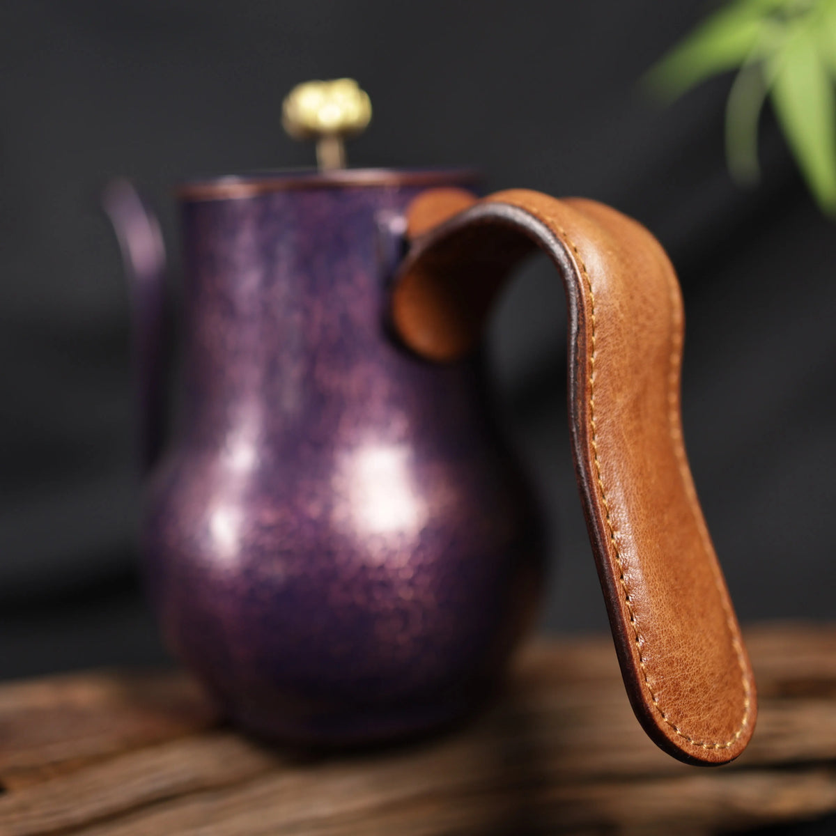 Luxury Handmade Purple Hammered Pure Copper Coffee Kettle with Lid Leather Wrap Gooseneck