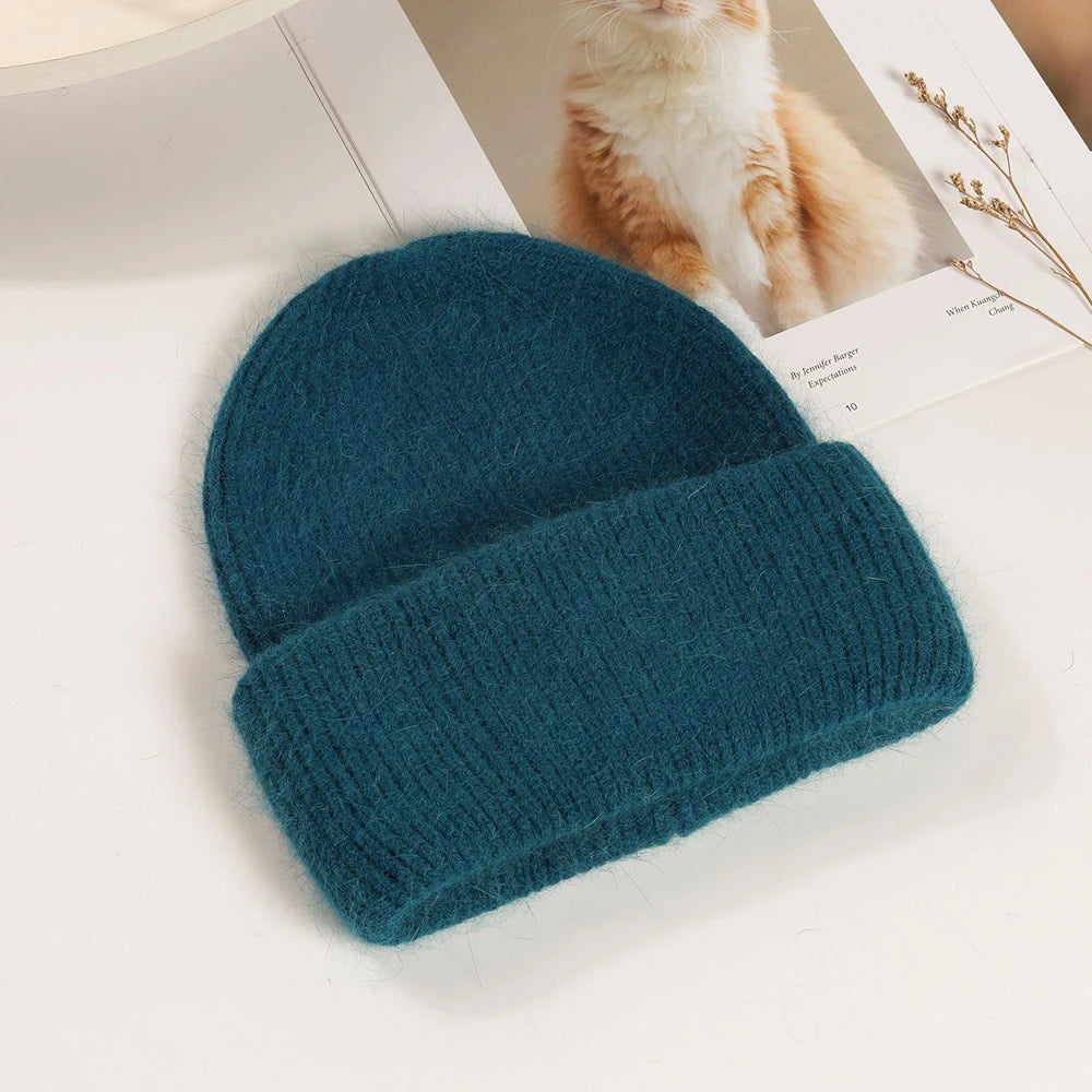 Knit Beanie Hat Real Angora Rabbit Fur Slouchy Skull Cap Winter Warm Stocking Hats