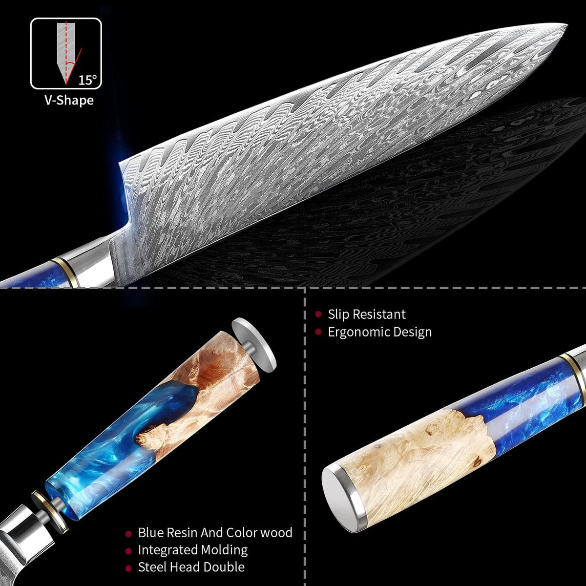 Damascus Steel VG10 Blue Resin Wood Handle 7 Piece Kitchen Chef Bread Santoku Knives
