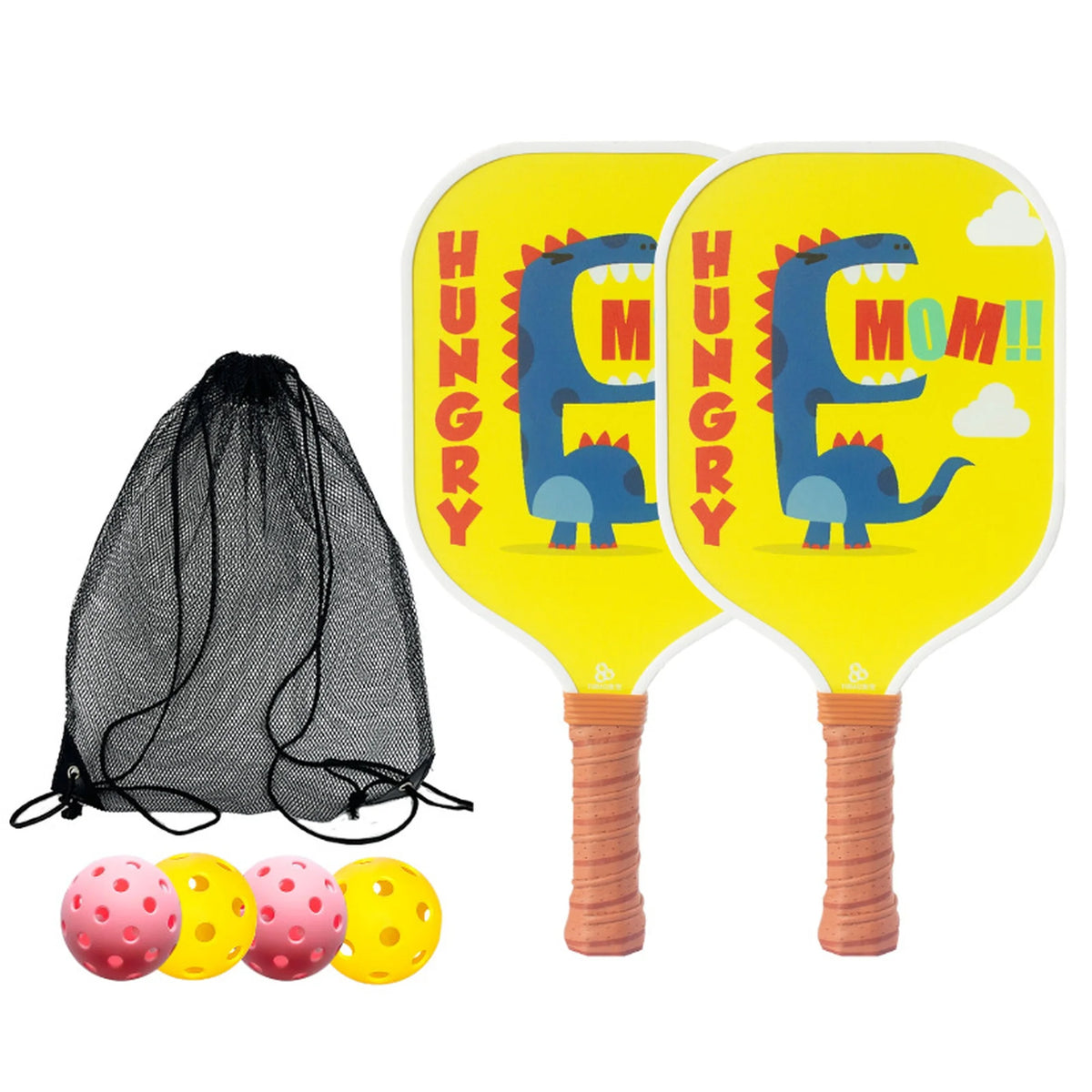 Yellow Cartoon Pickleball Paddle Set Fiberglass Honeycomb Core TPU Edge Lightweight Kids