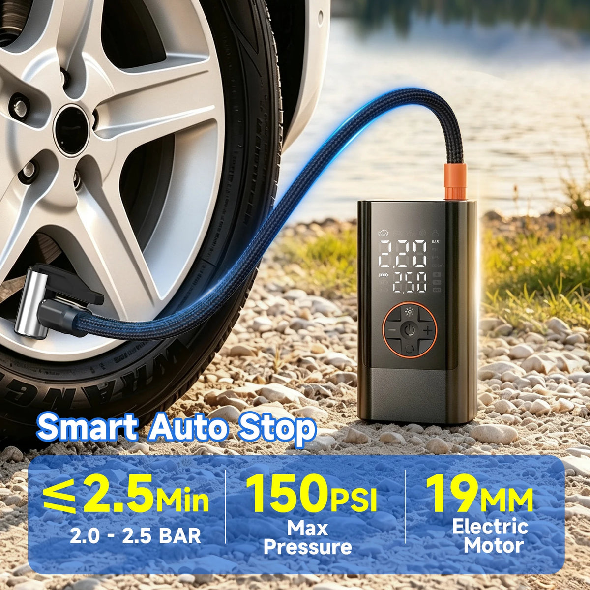 3000mAh Wireless Air Pump Tire Inflator 19mm Cylinder 150 PSI Digital Display Auto Stop