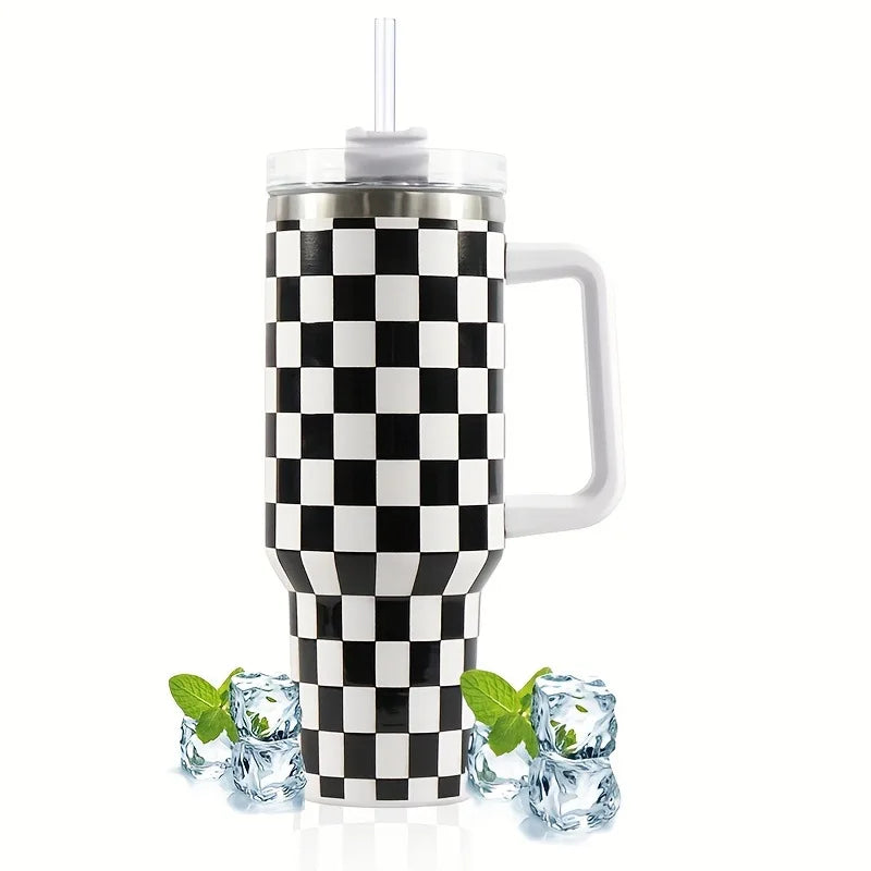 40 Oz Checkerboard Pattern Stainless Steel Tumbler Insulated Travel Coffee Mug Vacuum