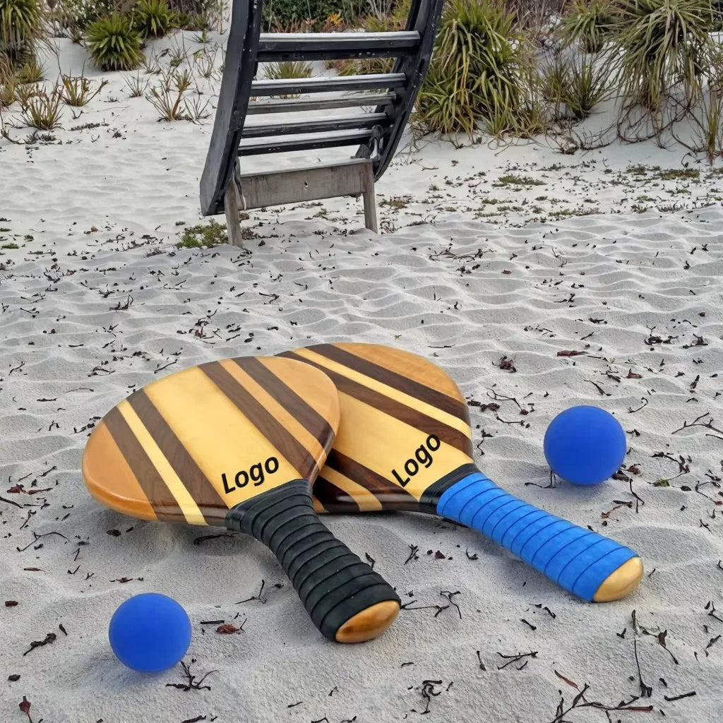 Handcrafted 2-Piece Paddle Set for Pickleball Game Natural Wood Beach Paddles 2 Balls