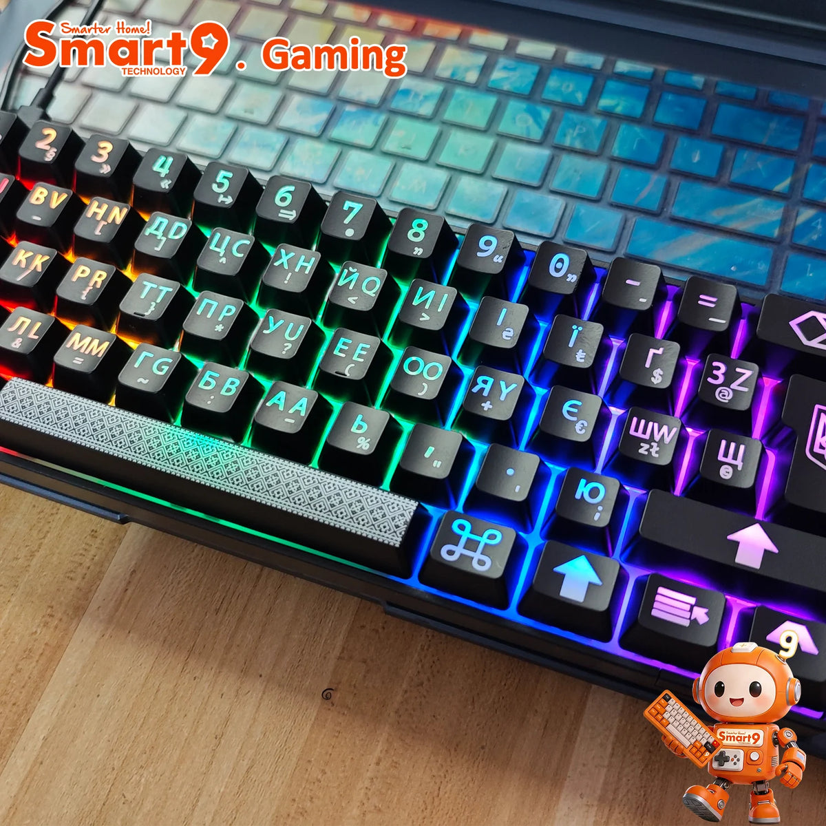 Smart9 61Key Mini Wireless Mechanical RGB Keyboard with Laser Carving Keycaps for Gaming