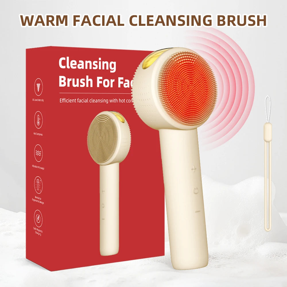 Heated Electric Soft Silicone Facial Cleansing Brush Handheld Double Side Face Scrubber