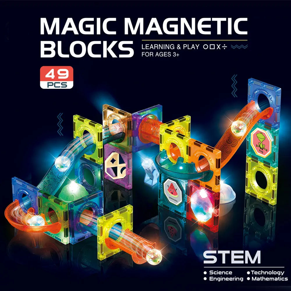 DIY Magnetic Tiles 3D Magnetic Blocks Building Toy Marble Run with Lights Stem