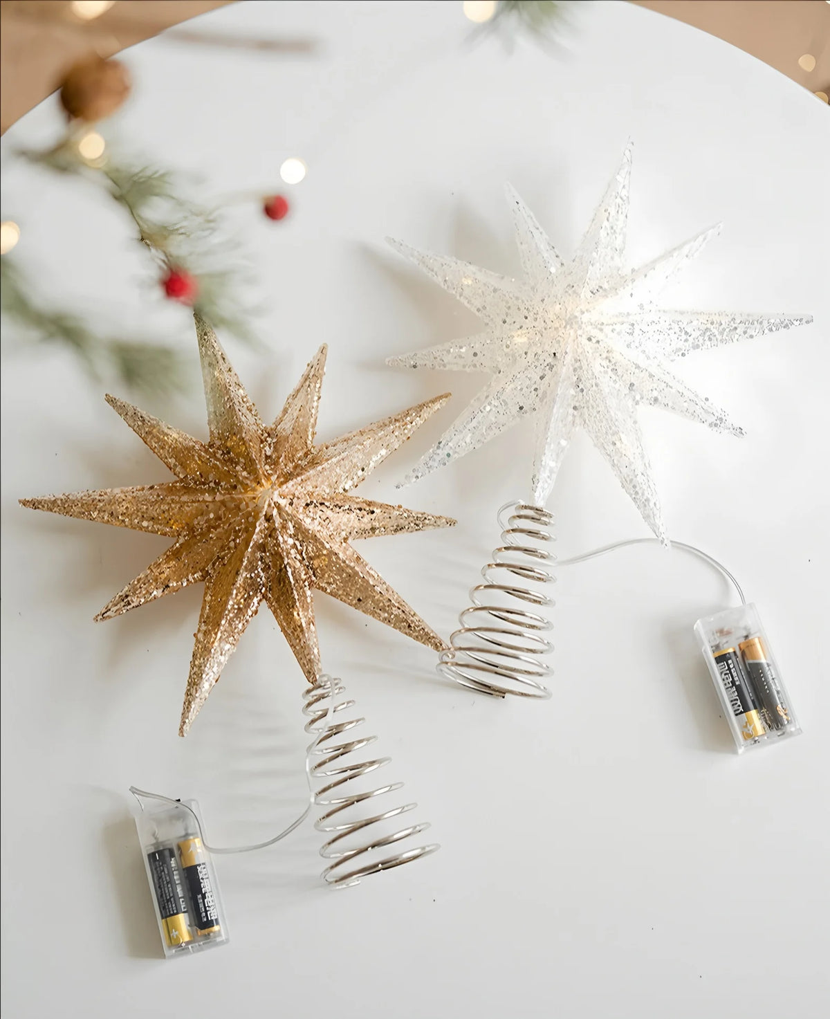 Glowing Christmas Tree Toppers LED Light Up Glitter Gold Silver 10-Point Star Treetop