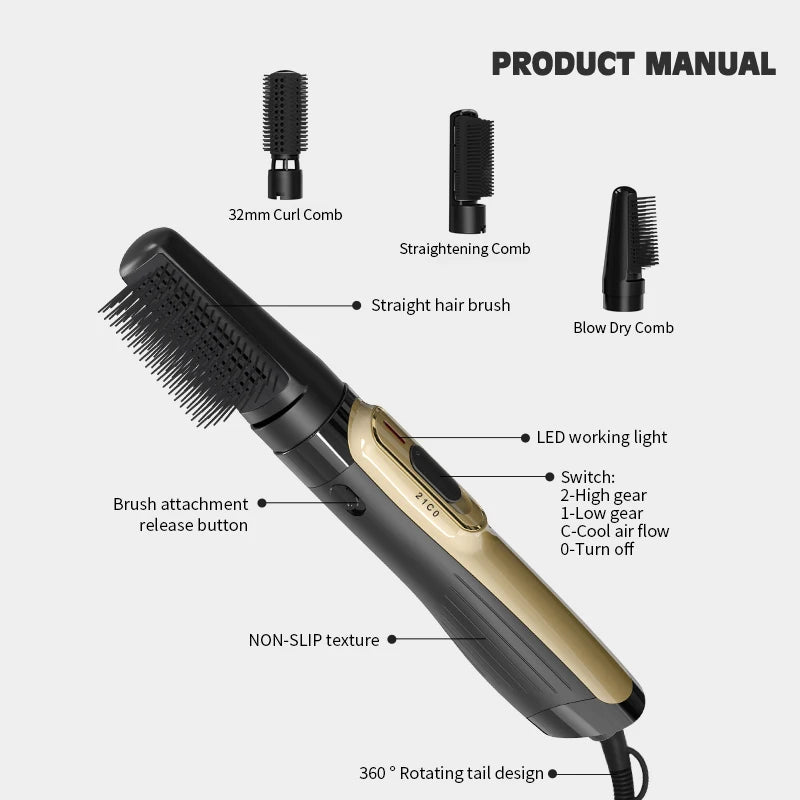 1200W Fast Heating LED Electric Hot Air Brush Styler One-Step Detangle Blow Dryer