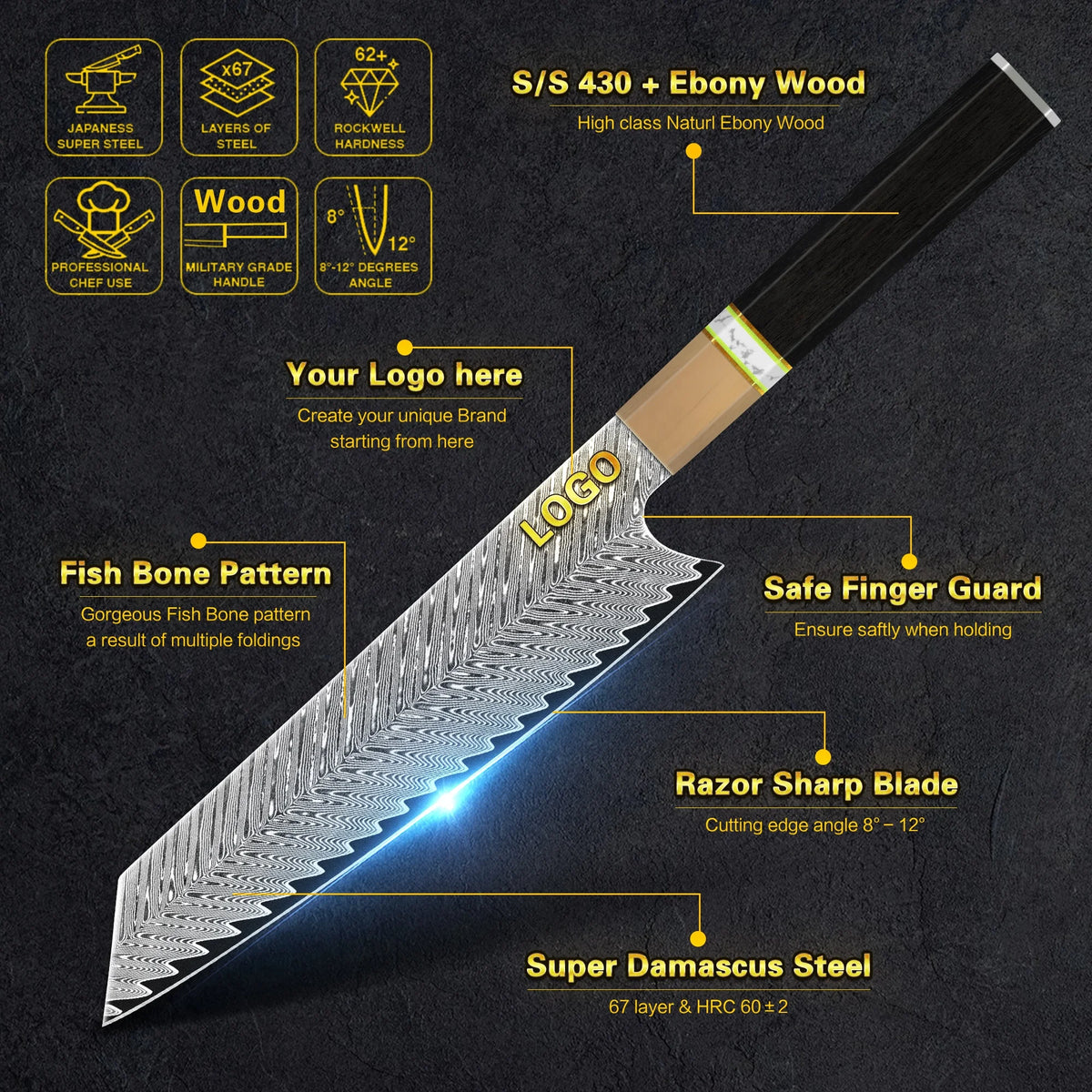 10% Off Superme Gyuto 8 Inch Damascus Japanese Kiritsuke Chef Knife With Ebony+Ox Horn