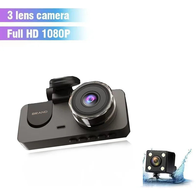 Three Lens 1080p HD Dash Cam with TF Card Recording Loop Front/Rear & Rear View Video