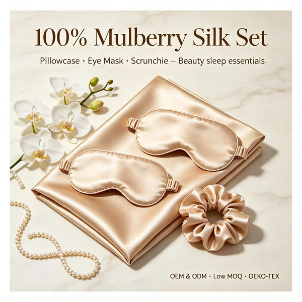 Custom Luxury 100% Silk Woven Modern Eye Mask Sleep Gift Box Pillowcase And Bedsheet Set