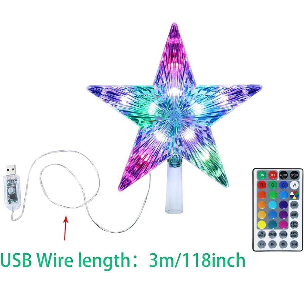 USB RGB LED Christmas Tree Topper Star with Remote & 3M Wire, Color Changing Timing Xmas