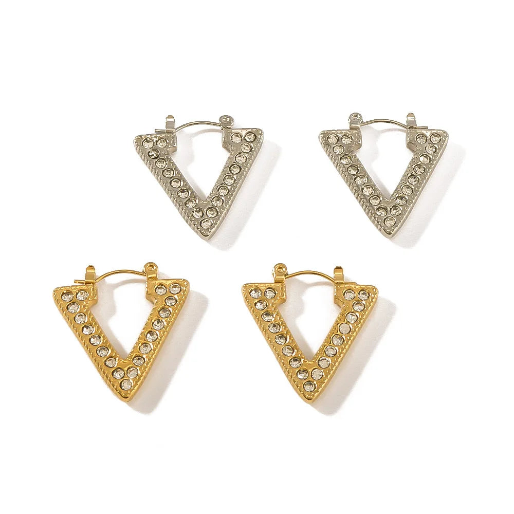 Minimalist Stainless Steel Triangular Zircon Huggie Earrings Geometric 18k Gold-Plated