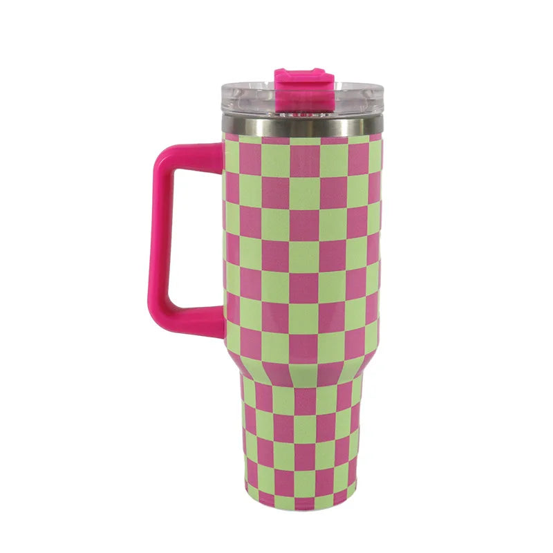 40 Oz Checkerboard Pattern Stainless Steel Tumbler Insulated Travel Coffee Mug Vacuum