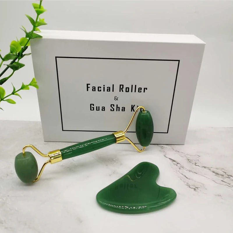Jade Roller and Gua Sha Kit for Facial Massage, Pink or Green Stone