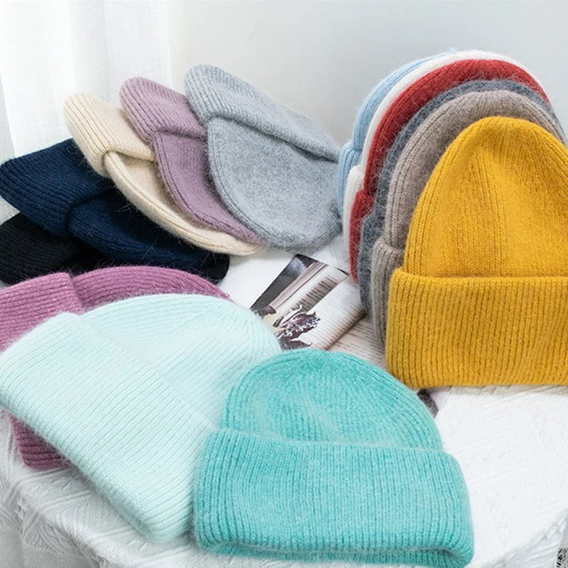 Knit Beanie Hat Real Angora Rabbit Fur Slouchy Skull Cap Winter Warm Stocking Hats