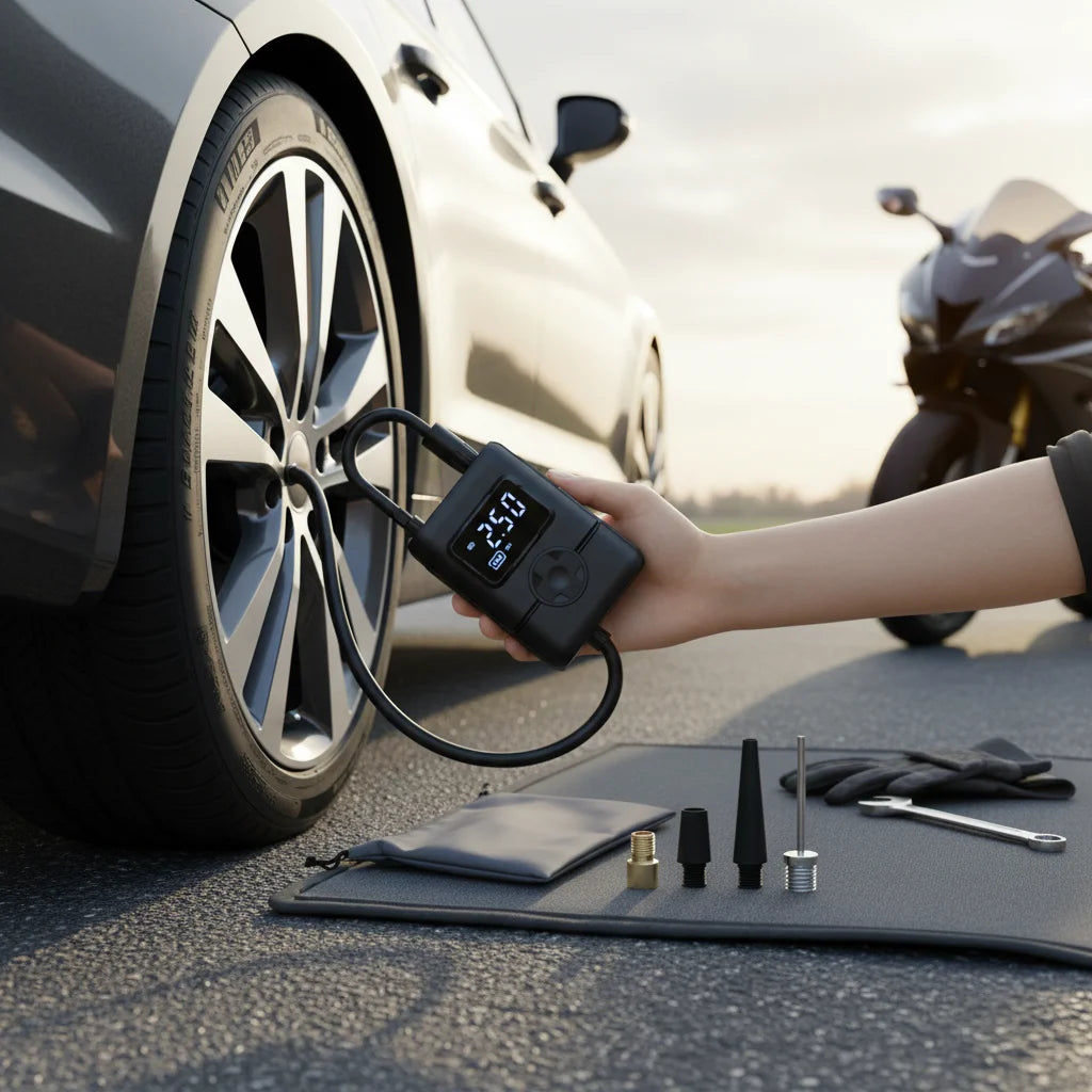 Portable Digital Tire Inflator 12V Single Cylinder Black Plastic Compact Car Motorcycle