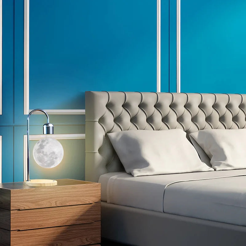 Table Lamp Magnetic Levitating 3D Moon Lamp with Wireless Charger Faux Wood Base for Kids