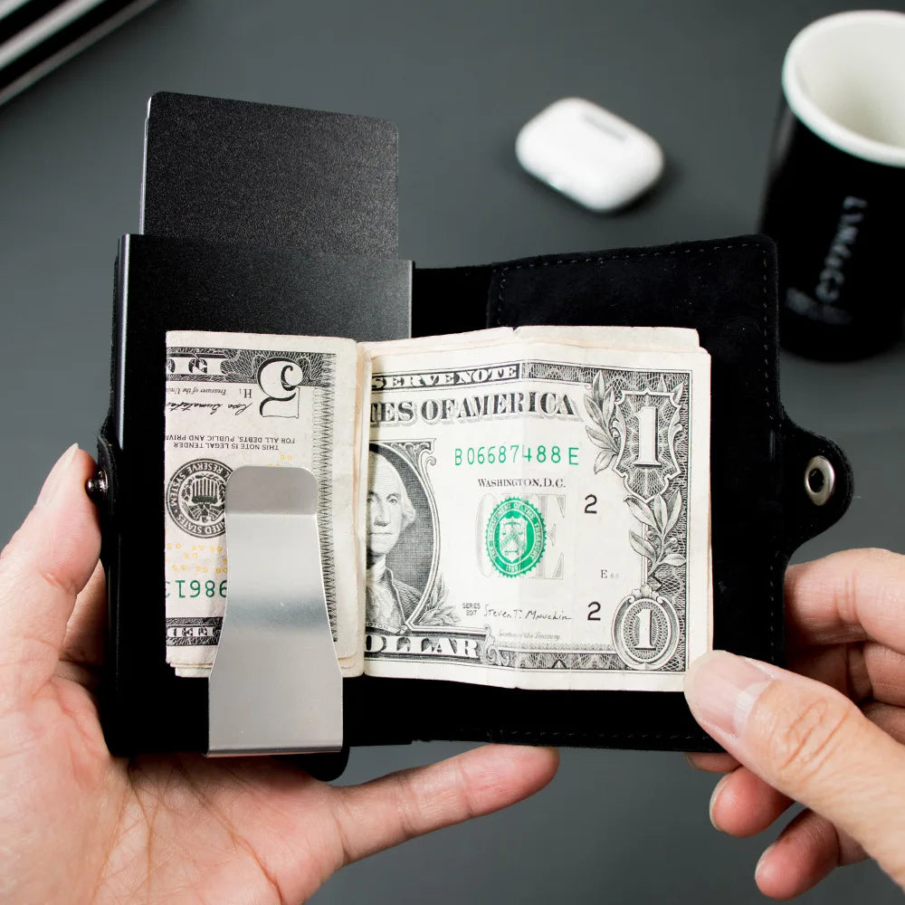 Aluminum Pop Up Card Holder Men PU Leather Minimalist Wallet with Zipper Pocket Credit