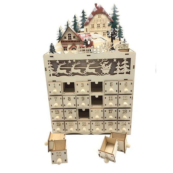 Creative Wooden Christmas Advent Calendar with 24 Opening Drawers and Led Light Family