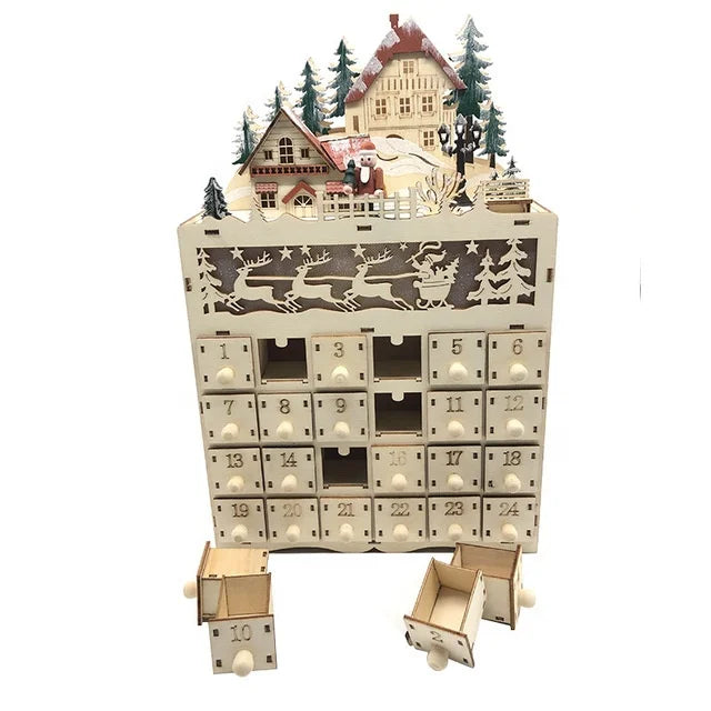 Creative Wooden Christmas Advent Calendar with 24 Opening Drawers and Led Light Family