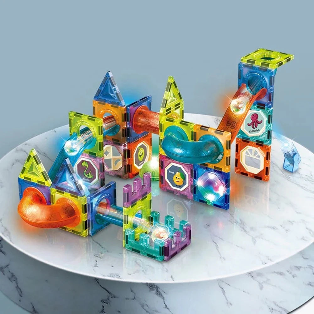 DIY Magnetic Tiles 3D Magnetic Blocks Building Toy Marble Run with Lights Stem