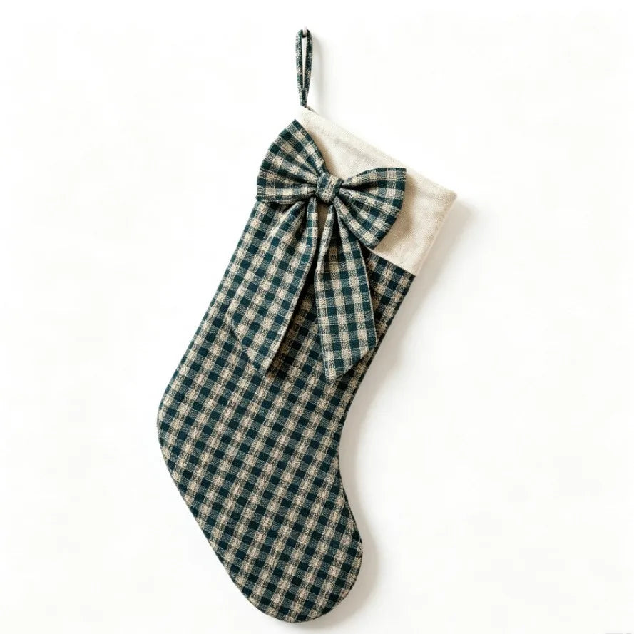 Retro Bow-Knot Christmas Stocking Three-Piece Set Fabric Plaid Stripe Gift Bag Fireplace