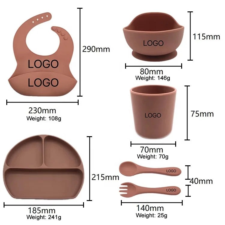 Top Seller Custom 6pcs Baby Feeding Set Food Grade Silicone Dinnerware Including Cups