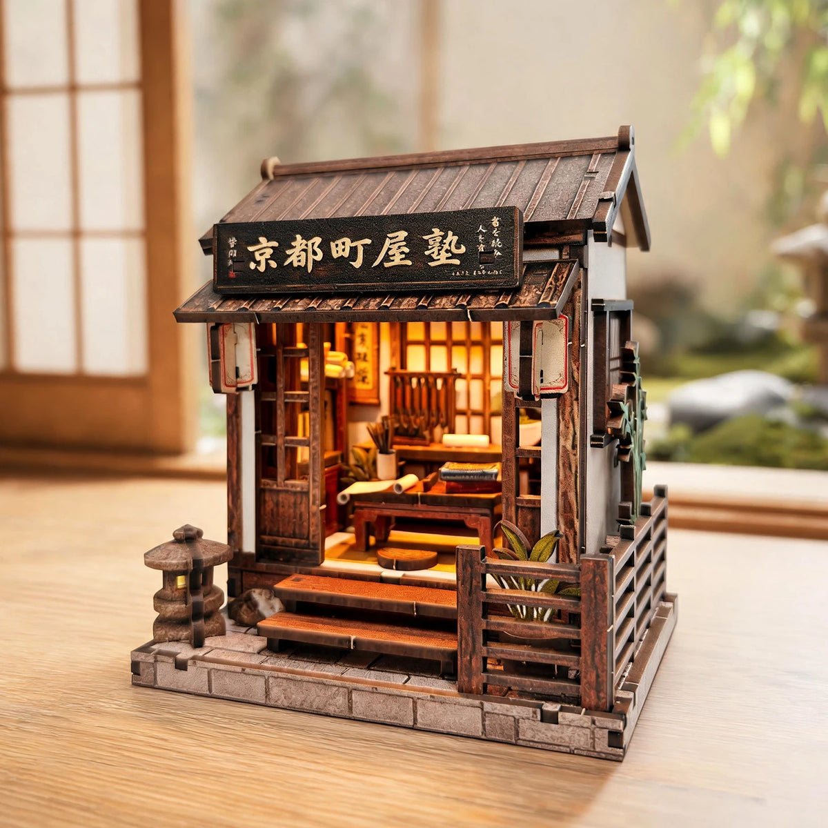 DIY Japanese Architecture Wooden Book Nook Kit 3D Puzzle Miniature House with LED Light