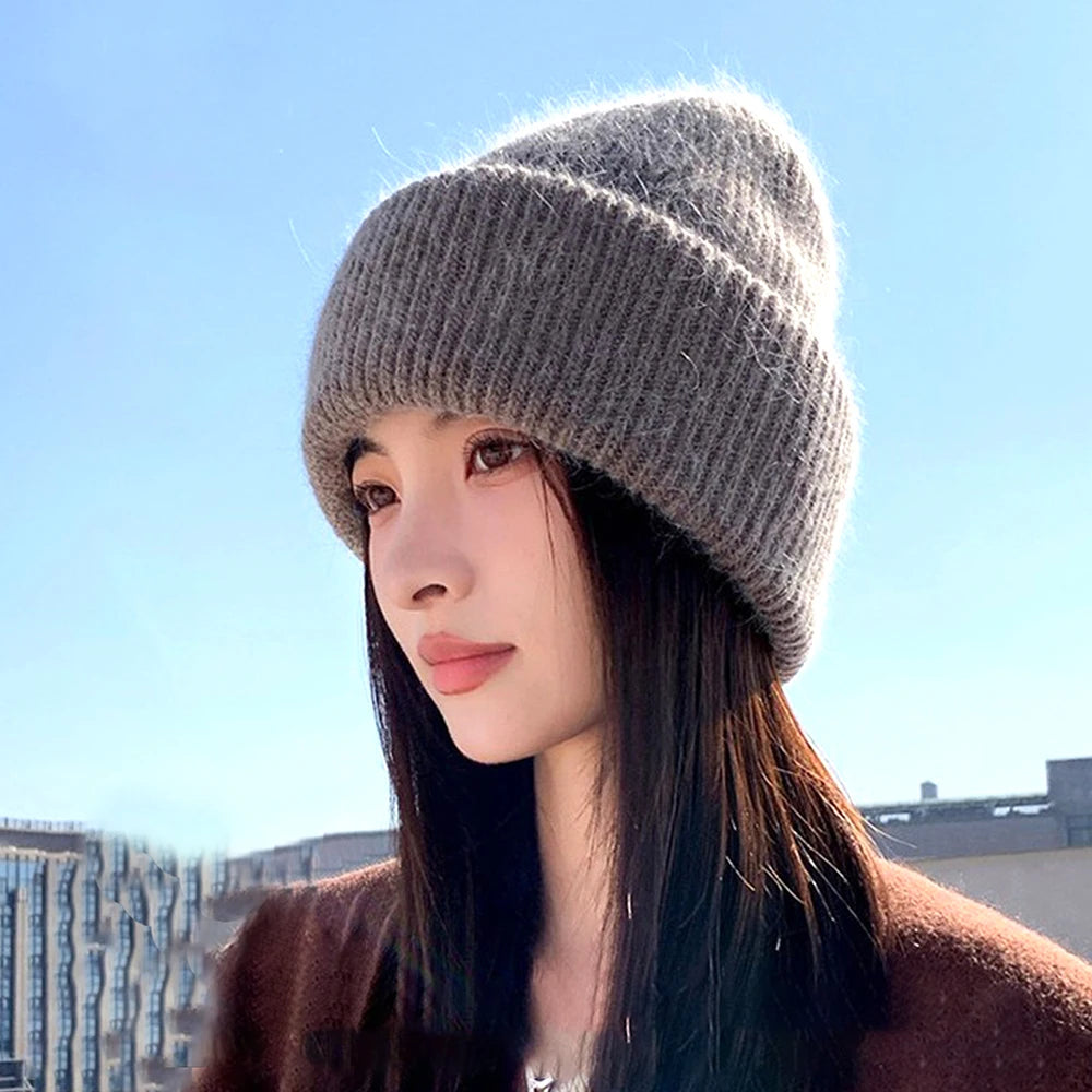 Knit Beanie Hat Real Angora Rabbit Fur Slouchy Skull Cap Winter Warm Stocking Hats
