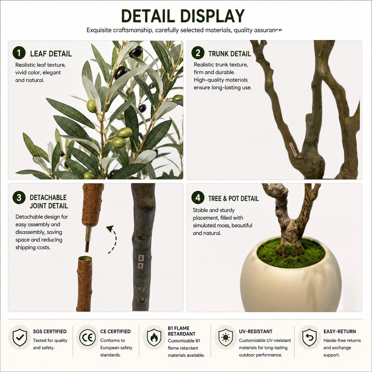 6ft-8ft Large Artificial Olive Tree with Ceramic PP Pot, Freight Saving Detachable
