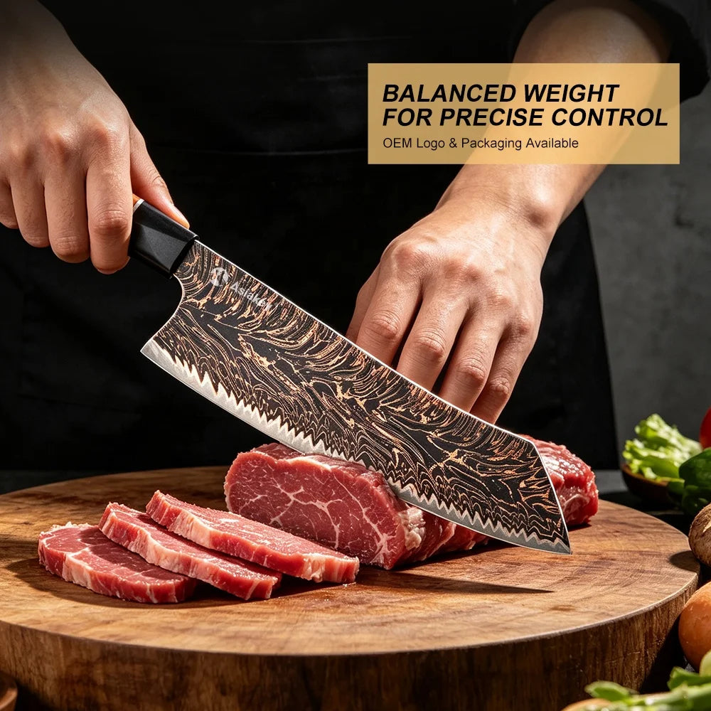 5 PCS 3- Color Copper Cu-Mai Damascus Steel Chef Knife Set With Stabilized Wood Resin