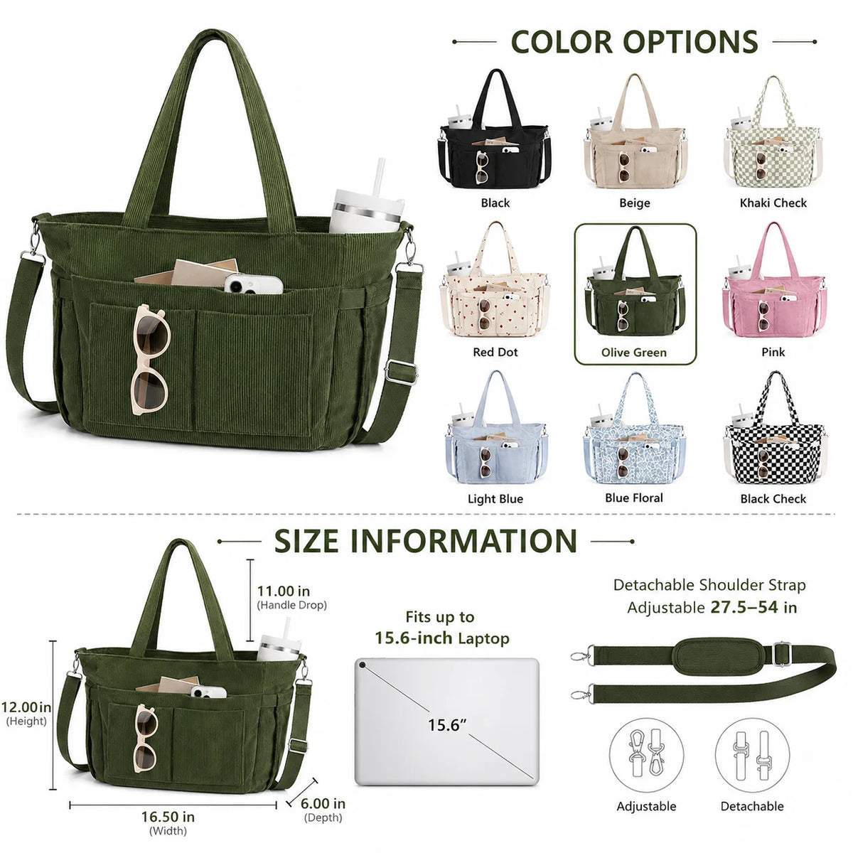 Custom Corduroy Tote Bag for Women 15.6 Inch Laptop Compartment Cup Holder Multi Pocket