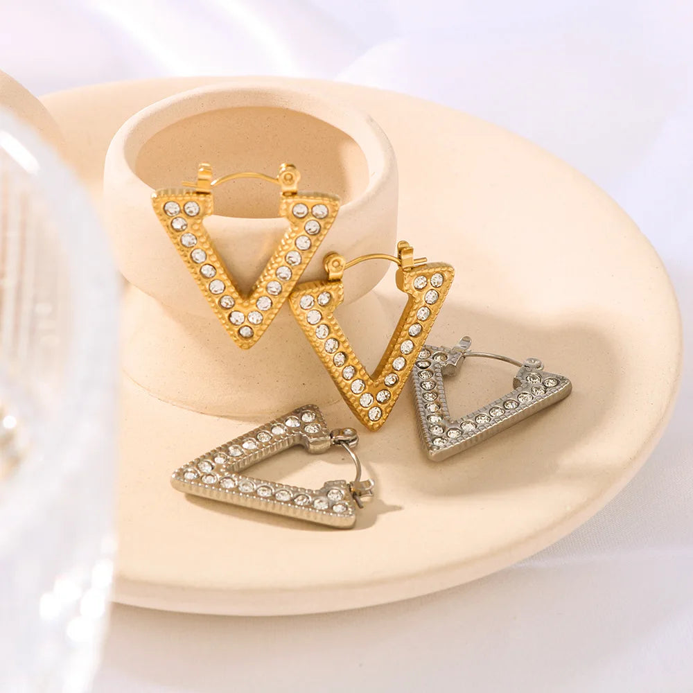 Minimalist Stainless Steel Triangular Zircon Huggie Earrings Geometric 18k Gold-Plated