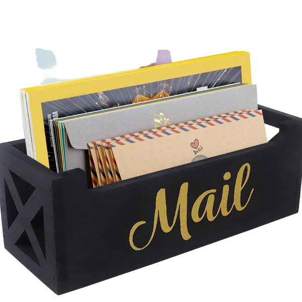Rustic Black Wooden Mail Organizer Countertop Desk Mail Sorter Basket Letter Holder