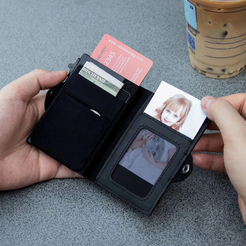 Multifunction Slim Minimalist Genuine Leather Anti-Theft Pop Up Wallet RFID Blocking