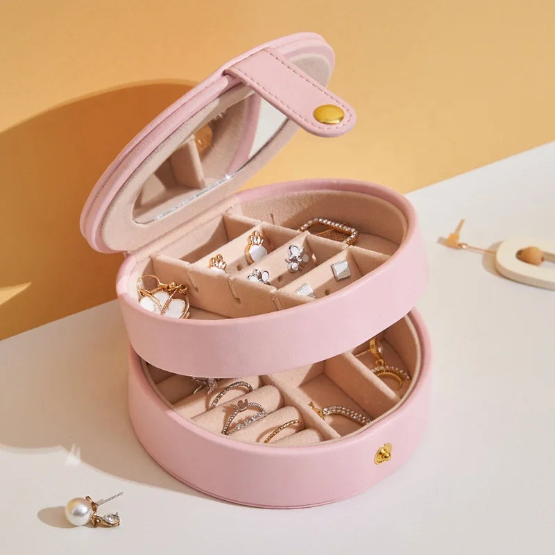 Pu Leather Portable Round Jewelry Box Small Travel Jewellery Organizer Necklace Box Ring