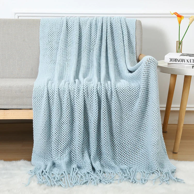Chunky Knitted Blanket Sofa Throw Blanket With Tassels Weighted Blanket for Winter